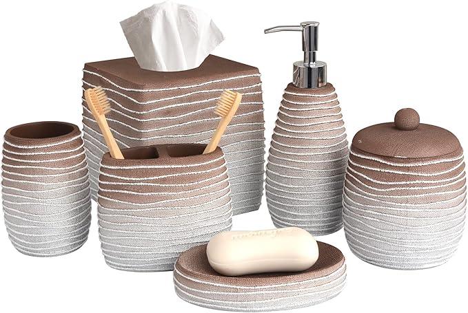 Decozen Bathroom Accessories Set 6Pcs – Soap Dispenser, Toothbrush Holder, Tumbler, Soap Dish & Cotton Swab Jar – Modern Bathroom Decor, Bath Set for Christmas Decor, Antonetta - ModernBath