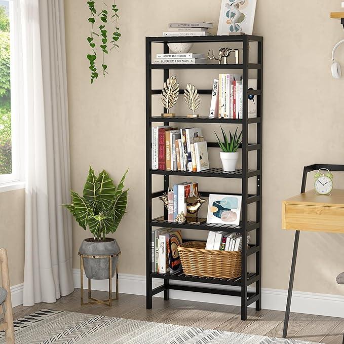 Homykic 6-Tier Bamboo Bookshelves and Bookcases, Adjustable 63.4”Tall Shallow Book Shelf Organizer Rack, Freestanding Storage Shelving Unit for Living Room, Kitchen, Bathroom, Office, Black - ModernBath