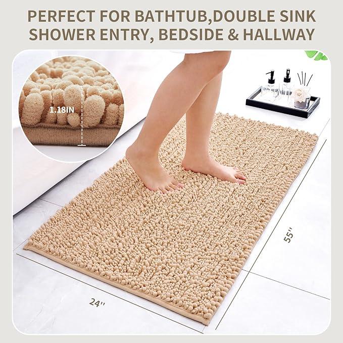Ruggnovea Chenille Bathroom Rugs Non Slip Washable 70x24, Extra Thick Soft Absorbent Chenille Bath Mat, Non-Slip Barrier Backing, Quick Dry Machine Washable Bath Mats Tub, Shower,Floor/Sink,Beige - ModernBath