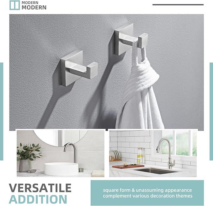 Angle Simple Towel Hooks for Bathroom, SUS 304 Stainless Steel Robe Coat Hooks for Wall, Brushed Nickel, 2 Pack - ModernBath