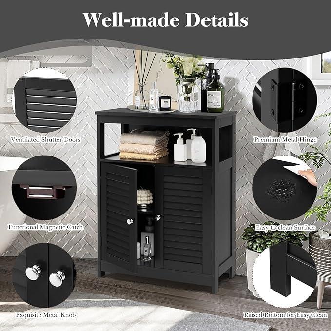 LDAILY Bathroom Storage Cabinet, Freestanding Organizer With Double Shutter Doors, Adjustable Shelf, Wooden Floor Cabinet for Kitchen, Entryway (Black) - ModernBath