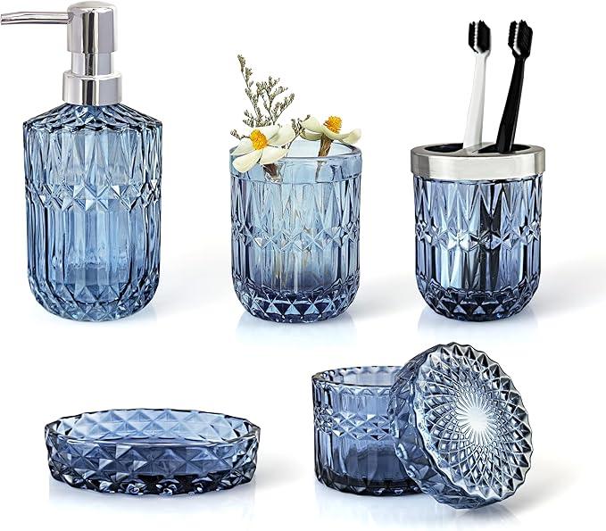 LaMarriti Blue Bathroom Accessories Set, 5Pcs Clear Glass Bathroom Accessories, Hand Soap Dispenser, Soap Dish, Toothbrush Holder Set, Qtips Holder for Crystal Vintage Bath Countertop Decor, Gift Set - ModernBath