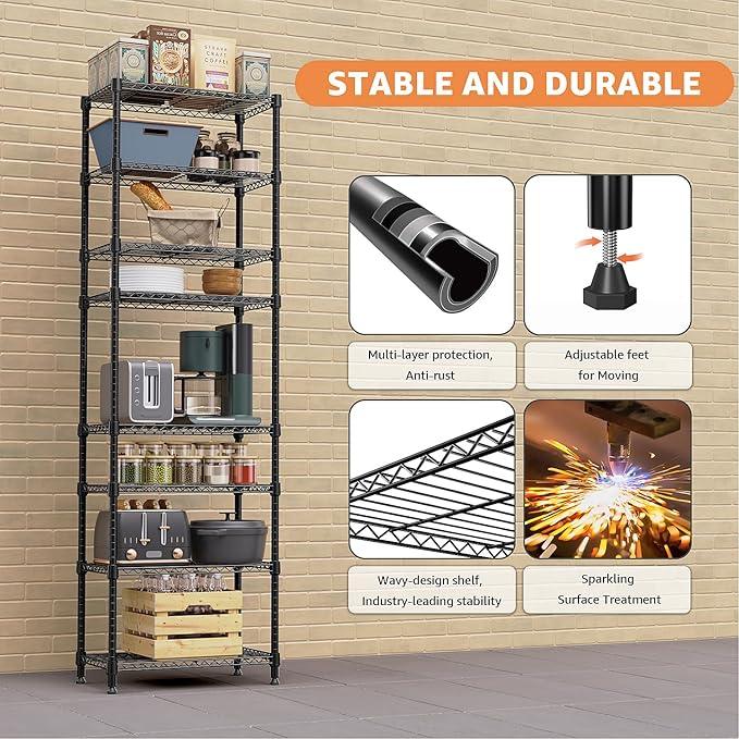 8 Tier 2000 lbs Storage Rack Metal Wire Shelving Unit, Storage Standing Shelf Organizer for Laundry Bathroom Kitchen Pantry Closet Garage Basement Utility Room, Black 13.8" D x 23.6" W x 79.5" H - ModernBath