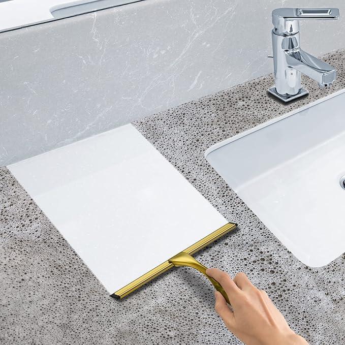All-Purpose Stainless Steel Shower Squeegee for Shower Doors with 2 Adhesive Hooks, Bathroom Cleaner Tool Household Window Mirror Squeegee for Home Cleaning, Glass Door, Tile Wall, Car, 10 Inch Golden - ModernBath