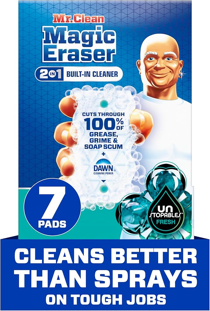 Mr. Clean Magic Eraser Foaming Sponge, All Purpose Cleaner, Dawn Cleaning Power, Wall, Sneaker, Oven Cleaner, Kitchen, Bathroom, Shower Cleaning Supplies, Scrubber, Ultra Foamy, 7ct