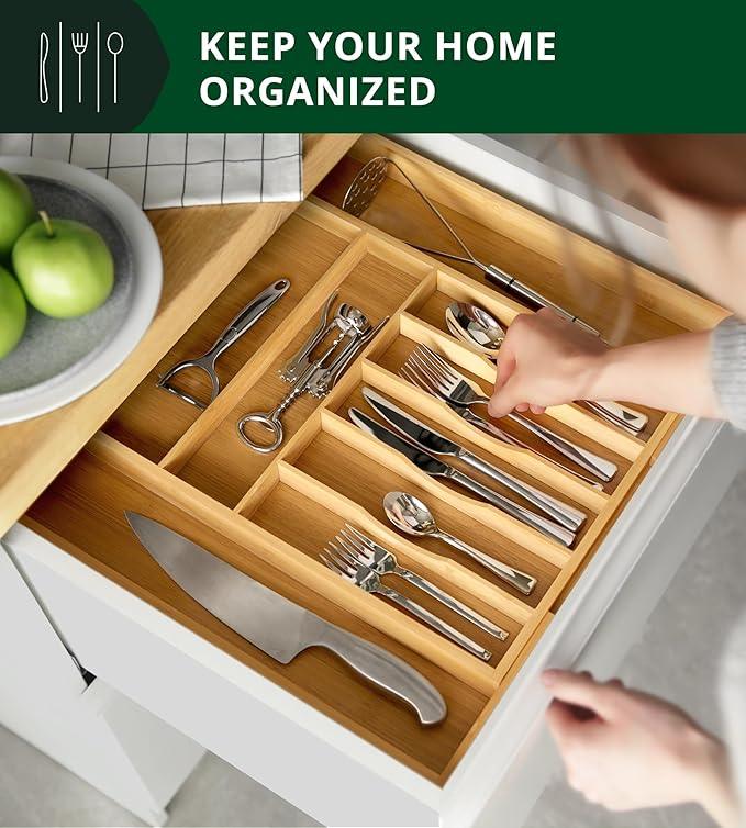 ROYAL CRAFT WOOD Luxury Bamboo Kitchen Drawer Organizer - Silverware Organizer, Utensil Holder & Cutlery Tray Drawer Dividers for Flatware (9 Slot, Natural) - ModernBath