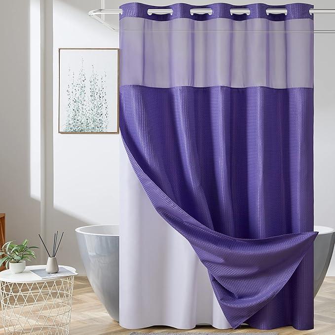 Furlinic Purple Small Stall No Hook Shower Curtain with Snap in Liner,Waffle Weave Heavy Duty Fabric Waterproof Bathroom Curtains,Washable Shower Curtain Set with See Through Window 36x72 Inch - ModernBath
