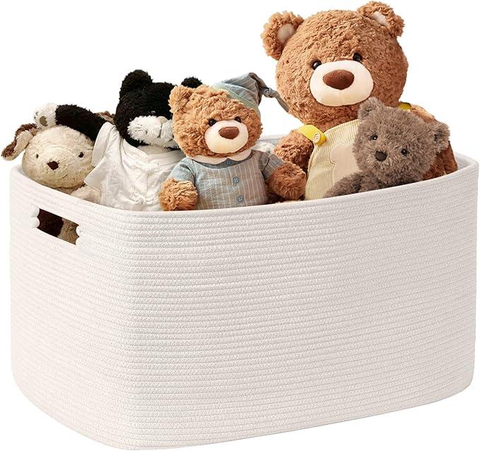 45L Small Baby Girls Laundry Basket for Nursery Storage,Cute Woven cotton Rope Baskets for Kids Toy，Gifts,Boho Square Wicker Blanket hamper for Living Room,Bedroom Dirty Clothes, White - ModernBath