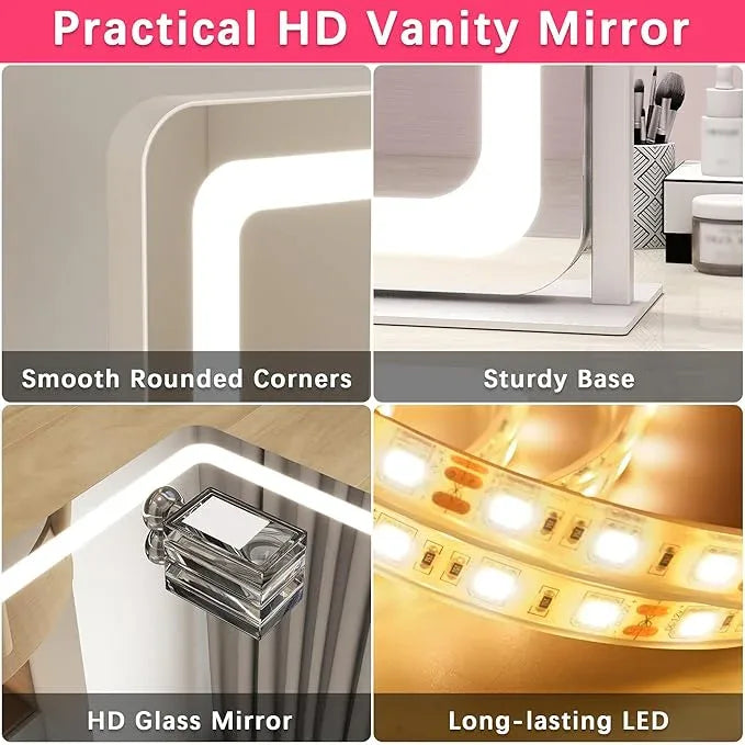 ROLOVE 22x17 Inch Lighted Vanity Mirror with Dimmable LED Lights - 3 Color Modes, Smart Touch Control & 360° Rotating Base - Desk Makeup Mirror (White) - ModernBath