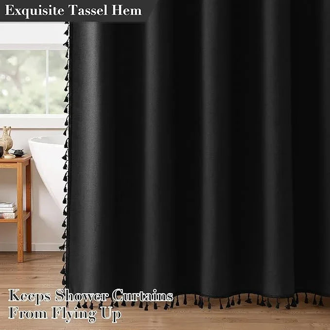 Nanspring Black Boho Linen Shower Curtain 72 Inches Long Textured Heavy Duty Weighted Tassel Farmhouse Fabric Bath Curtain Set with Hooks Vintage Aesthetic Elegant Shower Curtain for Bathroom 72x72 - ModernBath
