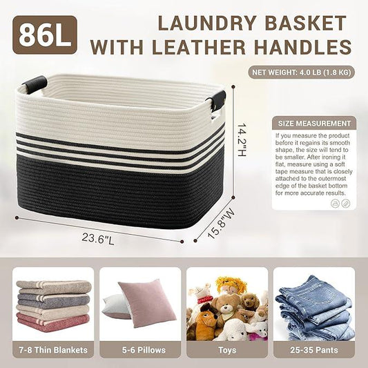 86L Extra Large Laundry Basket with Leather Handles for Living Room Storage, Woven Rope Baskets for Blanket, Kids Toy, Gifts, Wicker Hamper for Bedroom Dirty Clothes, 24"x16"x14" White Black - ModernBath