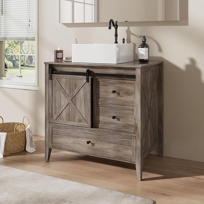 VNN Bathroom Vanity with Sink - 36 Inch Bathroom Vanity with Sink Ceramic, Freestanding Cabinet with Farmhouse Sliding Barn Door and 3 Drawers, Space-Saving Storage Cabinet, Wood Grain Texture, Grey - ModernBath