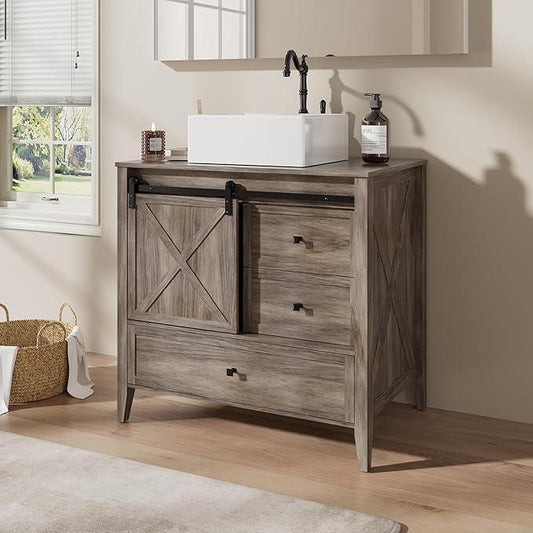 VNN Bathroom Vanity with Sink - 36 Inch Bathroom Vanity with Sink Ceramic, Freestanding Cabinet with Farmhouse Sliding Barn Door and 3 Drawers, Space-Saving Storage Cabinet, Wood Grain Texture, Grey - ModernBath
