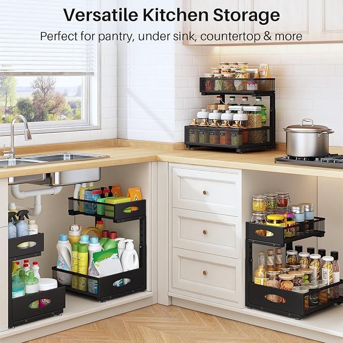 Under Sink Organizer, 2 Tier Pull Out Under Cabinet Organizer Shelf with Pad for Framed Cabinets, Metal Slide Out Under Sink Storage, Mesh Sliding Drawers for Kitchen Bathroom Laundry(Black, 1 Pack) - ModernBath