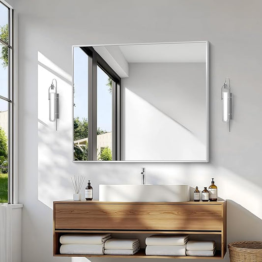 BONEWEI Silver Bathroom Mirror,30x36 inch Wall Mirror for Bathroom Wall Mounted,Rectangle Mirror for Bathroom Over Sink,Modern Metal Frame for Living Room,Bedroom Entryway,Horizontal/Vertical