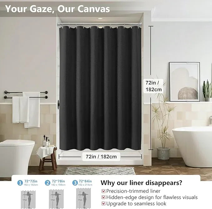 VANZAVANZU Luxury 3 in 1 Shower Curtain Set 3D Textured Waffle Weave Bathroom Curtain with Waterproof SGS Certified Fabric Liner & 12 Anti-Fall Stainless Steel Hooks, Machine Washable 72"x72" (Black) - ModernBath