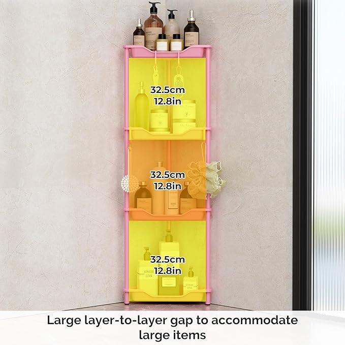 Orimade Rustproof 4 Tier Floor Standing Corner Shower Caddy Organizer, Plastic Metal Splicing Floor Corner Shelf Rack Storage Stands for Bathroom,10.8 x 10.8 x 44.6 inches, Pink - ModernBath