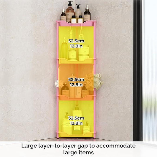 Orimade Rustproof 4 Tier Floor Standing Corner Shower Caddy Organizer, Plastic Metal Splicing Floor Corner Shelf Rack Storage Stands for Bathroom,10.8 x 10.8 x 44.6 inches, Pink - ModernBath