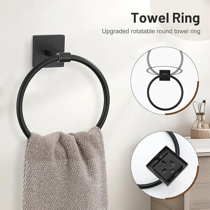 Matte Black Bathroom Hardware Set, 5-Piece Bath Towel Bar Set with 23.6” Towel Bar, Towel Ring, Toilet Paper Holder, Two Hooks, SUS304 Towel Racks for Bathroom Wall Mounted - ModernBath