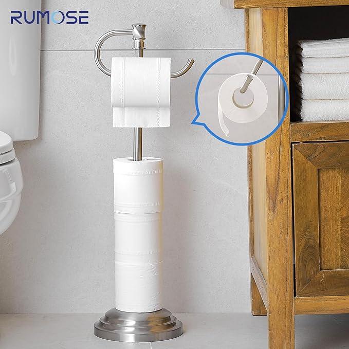 RUMOSE Toilet Paper Holder Stand for Floor, Brushed Nickel Adjustable (12.4" to 22.8") Bathroom Toilet Tissue Holder, Free Standing Toilet Paper Roll Holder with Storage, Stainless Steel - ModernBath
