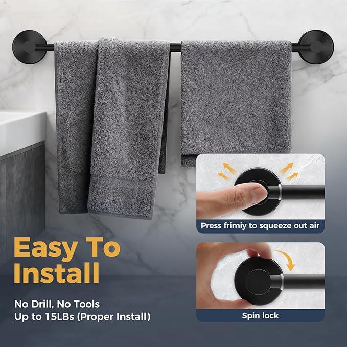14.6inch~24inch Towel Racks for Bathroom,Adjustable Suction Cup Towel Bar for Bathroom Wall,Stainless Steel Bath Towel Holder for Shower,2 Pack(Matte Black) - ModernBath