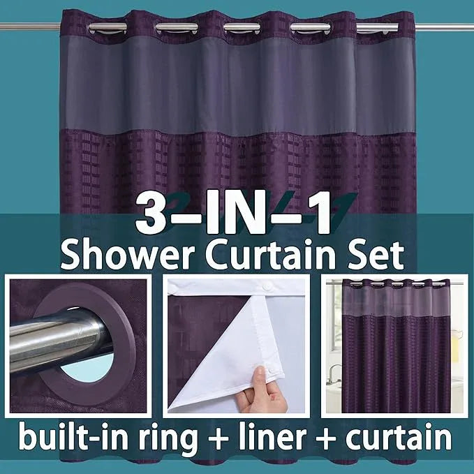 Conbo Mio Extra Wide No Hook Shower Curtain with Snap in Liner Set, 108" x 74" Hotel Luxury Purple Shower Curtains for Bathroom with See Through Top Window, Waterproof, Washable 108W x 74H - ModernBath