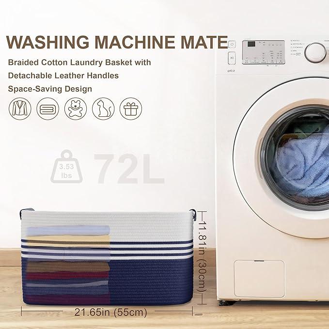 72L Large Laundry Basket with Leather Handles for Living Room Storage, Woven Rope Baskets Bin for Blanket, Kids Toy, Gifts, Wicker Hamper for Bedroom Dirty Clothes, 22"x17"x12" White Navy - ModernBath
