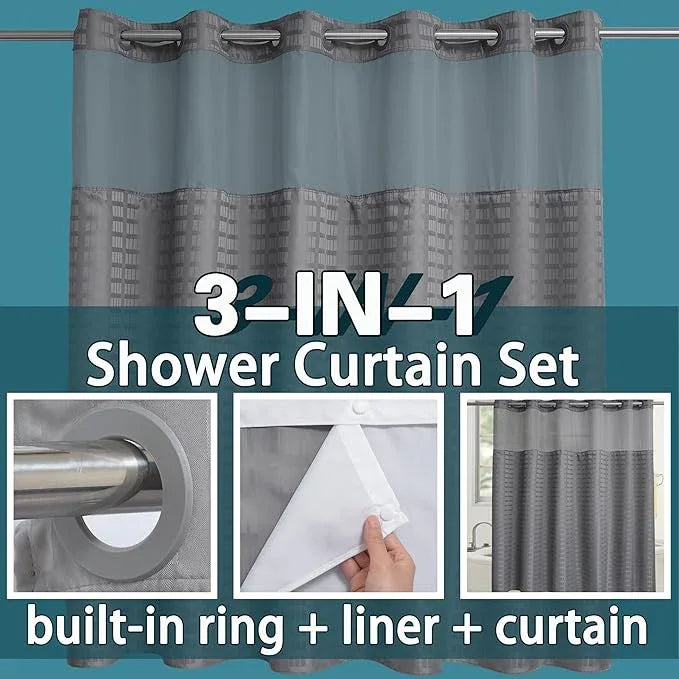 Conbo Mio Extra Wide No Hook Shower Curtain with Snap in Liner Set, 108" x 74" Hotel Luxury Grey Shower Curtains for Bathroom with See Through Top Window, Waterproof, Washable 108W x 74H - ModernBath
