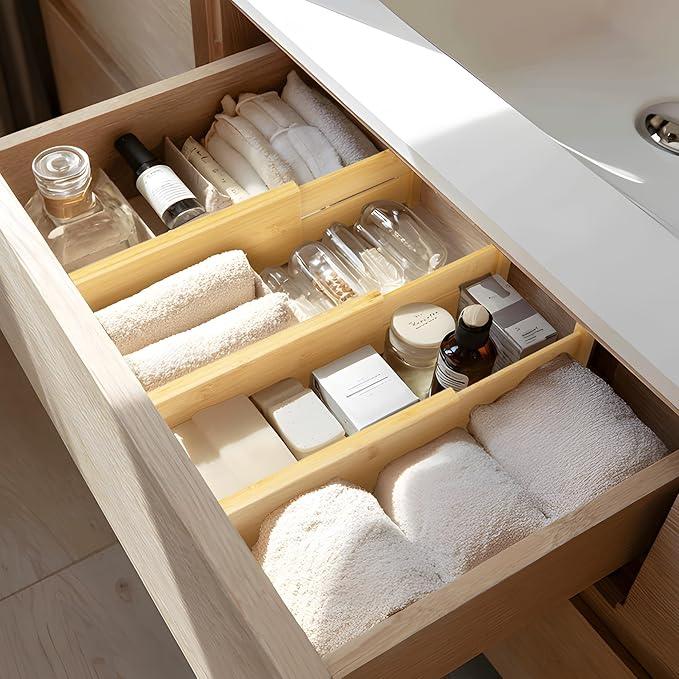 VaeFae 3 Pack Bamboo Drawer Dividers, 4" High Adjustable 11.9-17.1" Clothes Drawer Organizers, Expandable Separators for Bedroom/Bathroom/Kitchen/Office Storage - ModernBath