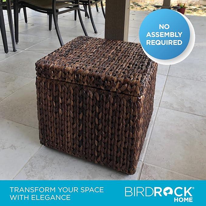 BIRDROCK HOME Storage Cube Box with Lid - Brown Wash Seagrass - Hand Woven Container for Blankets Pillows - Sturdy Metal Frame - ModernBath