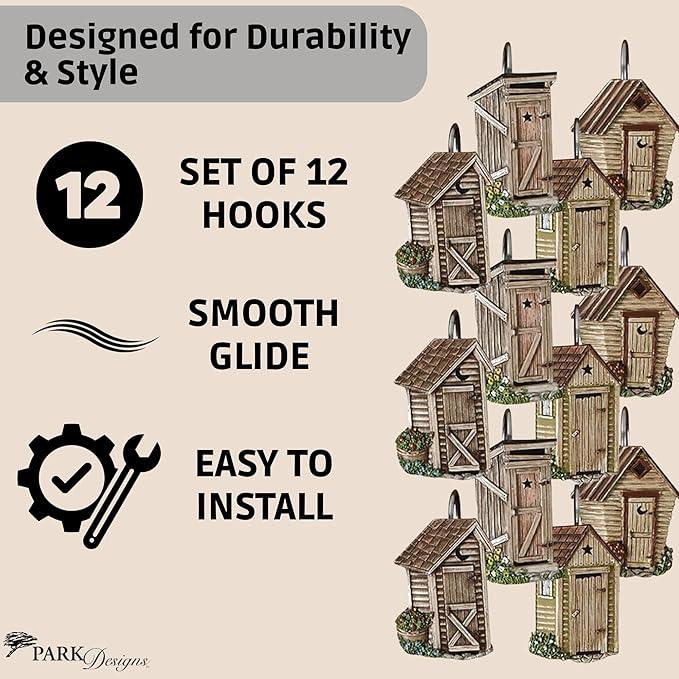 Park Designs Outhouse Shower Curtain Hooks | Decorative Rustic Bathroom Curtain Hook Set of 12 | Hand-Painted Resin with Vintage Country Charm | Farmhouse Bath Accessory for Themed Décor | Durable & - ModernBath