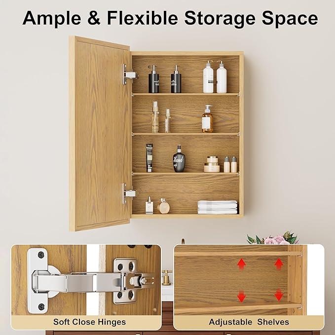 20x28 Inch Wood Medicine Cabinet with Mirror, Surface or Recessed Mounted Bathroom Cabinets with Adjustable Shelves, Soft-Close Hinges, Wall Mounted Cabinet for Storage, Oak-Grain - ModernBath