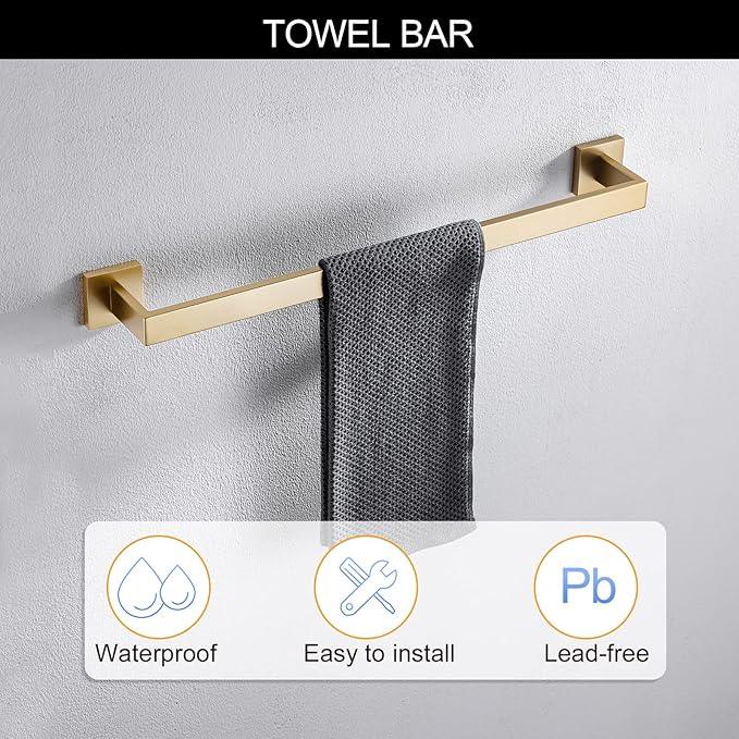 TNOMS 5-Piece Bathroom Hardware Set 23.6 Inch Gold Towel Bar Set Towel Bar Towel Ring Coat Hook and Toilet Paper Holder with Shelf Wall Mounted Stainless Steel Bathroom Accessories Set - ModernBath