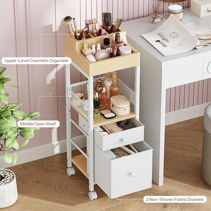 HOOBRO Makeup Organizer Cart, Floor Makeup Storage with Fabric Drawers, Mobile Vanity Organizer, Cosmetics Display Cases, for Skincare, Brush, Hair Tool, Perfume, White and Natural WN19TC04 - ModernBath
