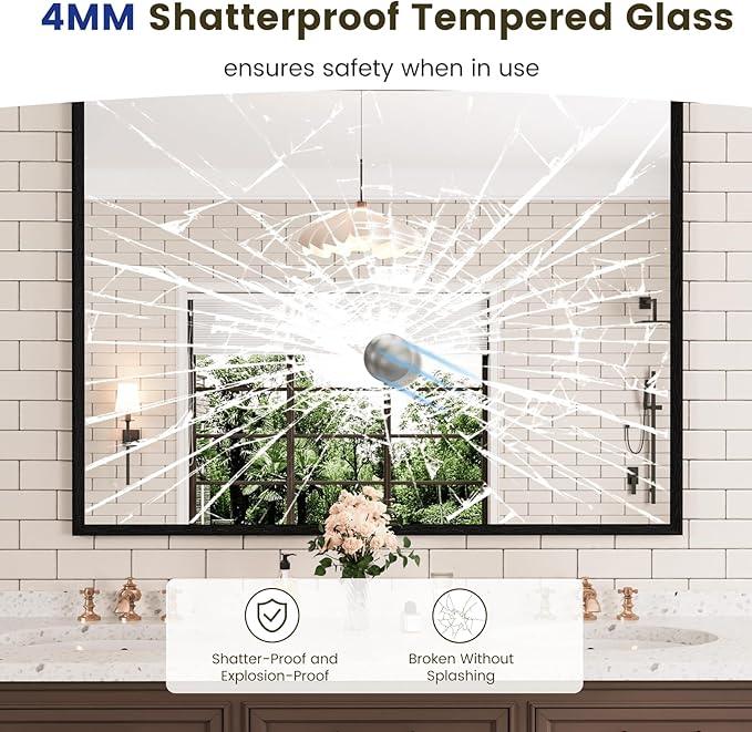WEER 48X36 Inch Black Bathroom Mirror, Rectangular Framed Mirror for Bathroom, Matte Black Wall Mounted Large Vanity Mirror, Farmhouse Mirror, Tempered Glass, Anti-Rust, Horizontal or Vertical - ModernBath