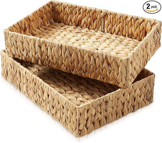Casafield Set of 2 Bathroom Storage Baskets, Natural - Water Hyacinth, 15.75" W x 11.25" D x 3.25" H, Woven Toilet Tank Topper Bins for Organizing Tissues, Toilet Paper, Toiletries, Shelves - ModernBath