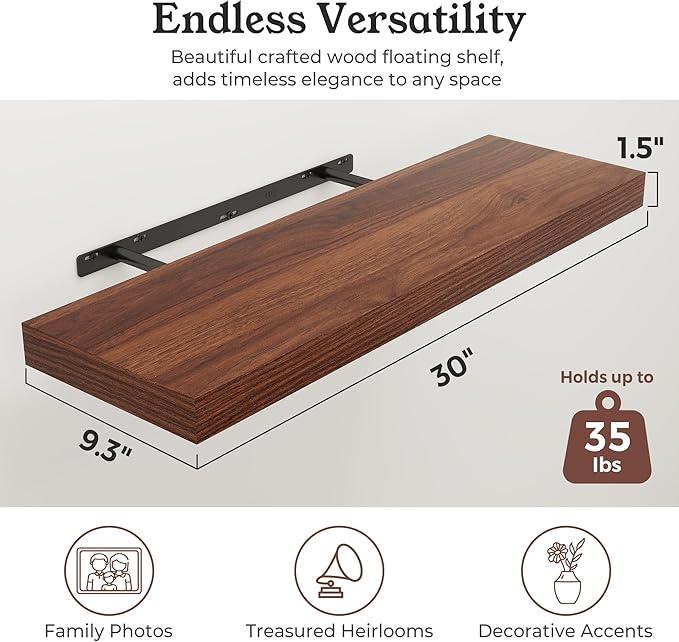 Floating Shelves for Wall, Wall Mounted Rustic Wood Shelves for Bathroom, Bedroom, Living Room, Kitchen, Hanging Shelf for Books/Storage/Room Decor (Walnut, 30") - ModernBath