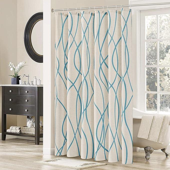 Blue Modern Farmhouse Linen Shower Curtain, Country Cottage Bathroom Decor Striped Minimal Boho Textured Linen Shower Curtain Set with Hooks, 72x72 - ModernBath
