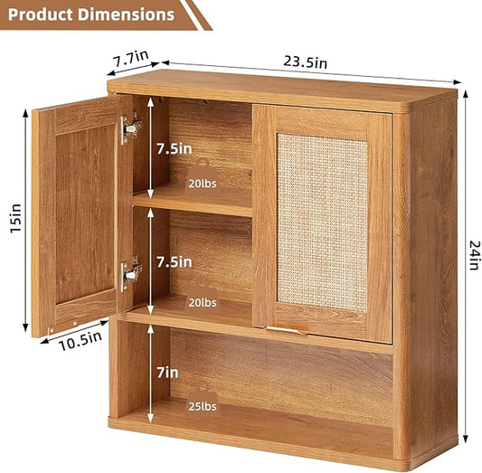 LEYAOYAO Rattan Bathroom Wall Cabinet, Boho Medicine Cabinet with Adjustable Shelf & Doors, Over The Toilet Storage Cabinets Organizer for Laundry Room, Kitchen, Living Room, Tea Brown