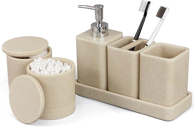 YMXYJM Bathroom Accessories Set, 6 Piece Bathroom Set with Toothbrush Holders, Soap Dispenser, Vanity Tray, Tumbler, Cotton Swab Jars, Bathroom Organizer，Bathroom Sink Sets, Stone Beige - ModernBath