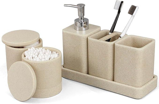 YMXYJM Bathroom Accessories Set, 6 Piece Bathroom Set with Toothbrush Holders, Soap Dispenser, Vanity Tray, Tumbler, Cotton Swab Jars, Bathroom Organizer，Bathroom Sink Sets, Stone Beige - ModernBath