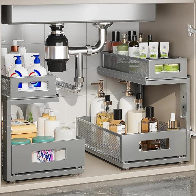 2 Pack 15.74IN-Depth Under Sink Organizer With Next-Gen Ball-Bearing Slides,2-Tier Pull Out Cabinet Storage,Height Adjustable Drawer Shelf for Bathroom,Kitchen,Laundry,Cabinet,Pantry-Gun Gray - ModernBath