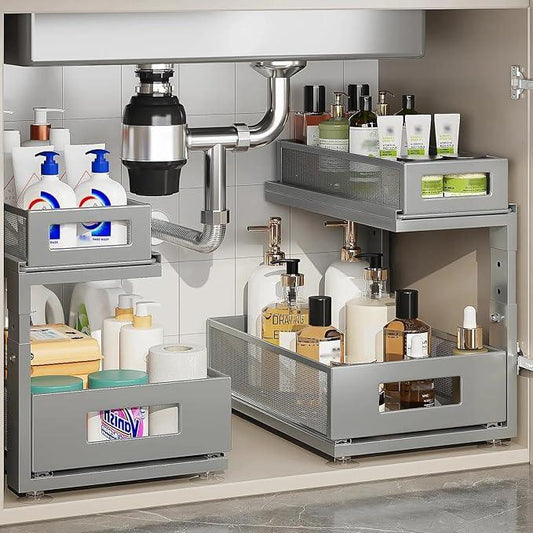 2 Pack 15.74IN-Depth Under Sink Organizer With Next-Gen Ball-Bearing Slides,2-Tier Pull Out Cabinet Storage,Height Adjustable Drawer Shelf for Bathroom,Kitchen,Laundry,Cabinet,Pantry-Gun Gray - ModernBath