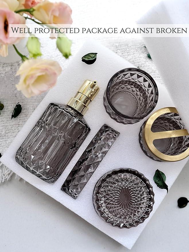 LaMarriti Gray Bathroom Accessories Set, 5Pcs Clear Glass Bathroom Sets, Soap Dispenser, Soap Dish, Toothbrush Holder Set, Cotton Swab Jar, Black and Gold Accent for Vintage Bathroom Decor, Gift Set - ModernBath