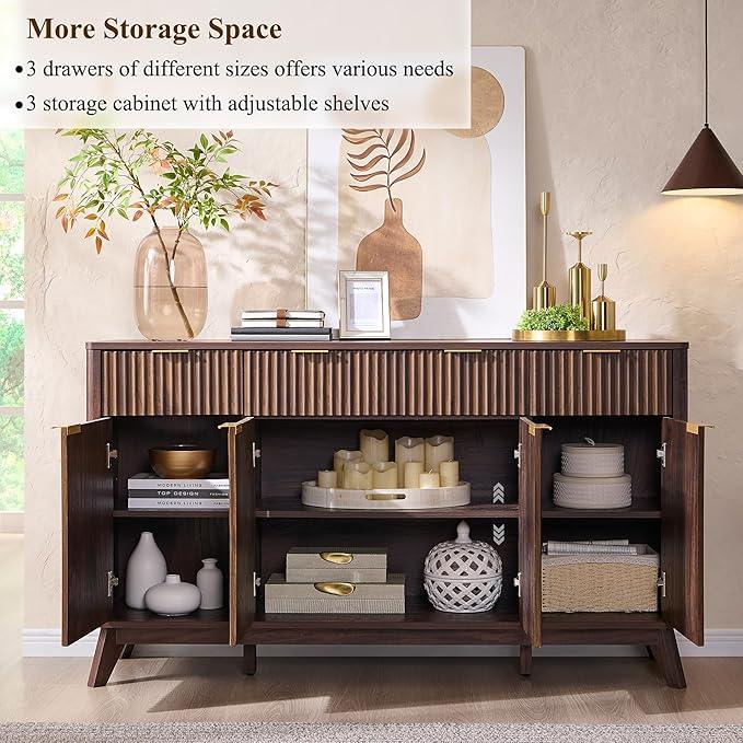 OKD Fluted Storage Cabinet with Drawers, 60" Morden Buffet Sideboard Coffee Bar Cabinet with 4 Doors and 3 Drawers for Dining Room, Living Room,Hallway (Dark Walnut) - ModernBath