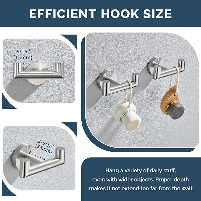 Angle Simple Towel Hook Brushed Nickel 2 PCS, SUS304 Stainless Steel Double Robe Hook, Bathroom Towel Holder, Wall Mount - ModernBath