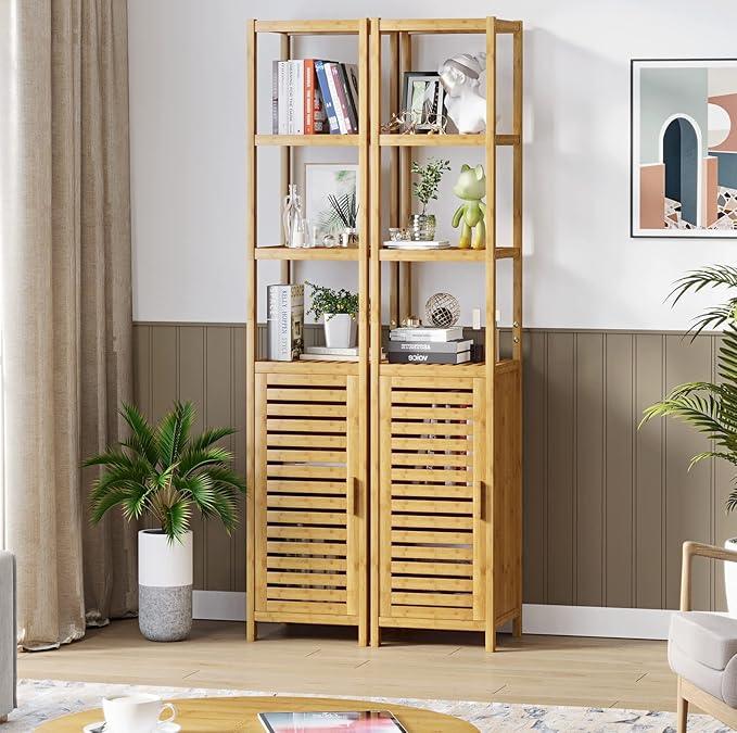 VIAGDO Storage Tall Slim Cabinet with Shutter Door and 3 Tier Shelves, Freestanding Linen Tower Cabinet for Living Room, Kitchen, Bathroom Organizer, Natural Bamboo - ModernBath