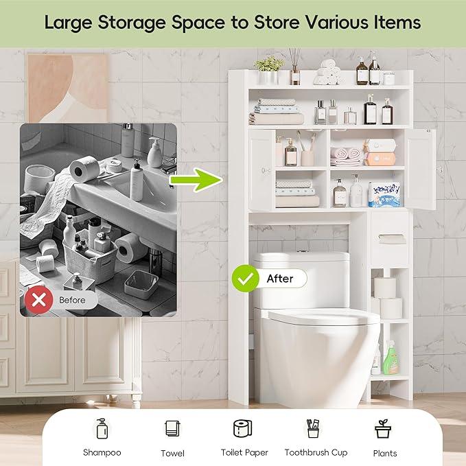 MU Over The Toilet Storage Cabinet with Doors, 32" Bathroom Storage Organizer with Side Shelves, Space-Saving Toilet Storage Rack for Bathroom, Laundry (White) - ModernBath