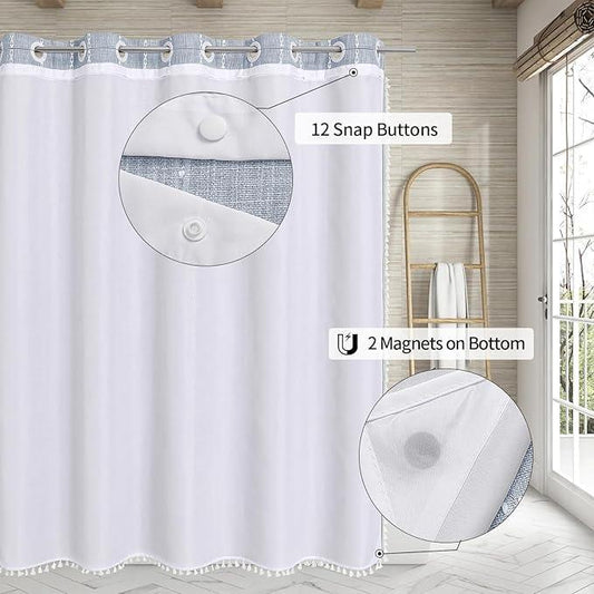 MitoVilla No Hooks Required Boho Farmhouse Shower Curtain with Snap-in Liner, Cotton Linen Fabric Shower Curtains with Tassels for Rustic Neutral Bathroom Decor, Blue, 72 x 74 - ModernBath