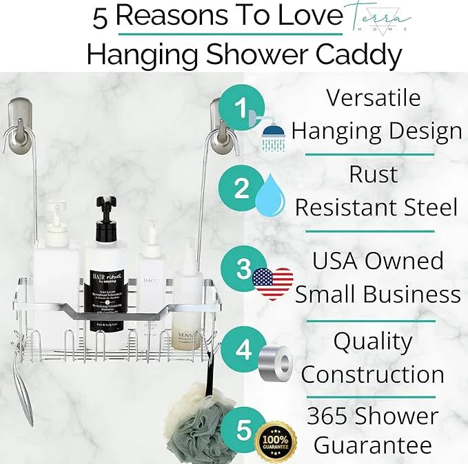 Small Shower Caddy Hanging - Shower Door Caddy Hanging with Rotatable Hooks and Adhesive Mount - Perfect for Bathroom Toiletries - Spacious & Convenient Bathroom Storage Solution 304 Stainless Steel - ModernBath